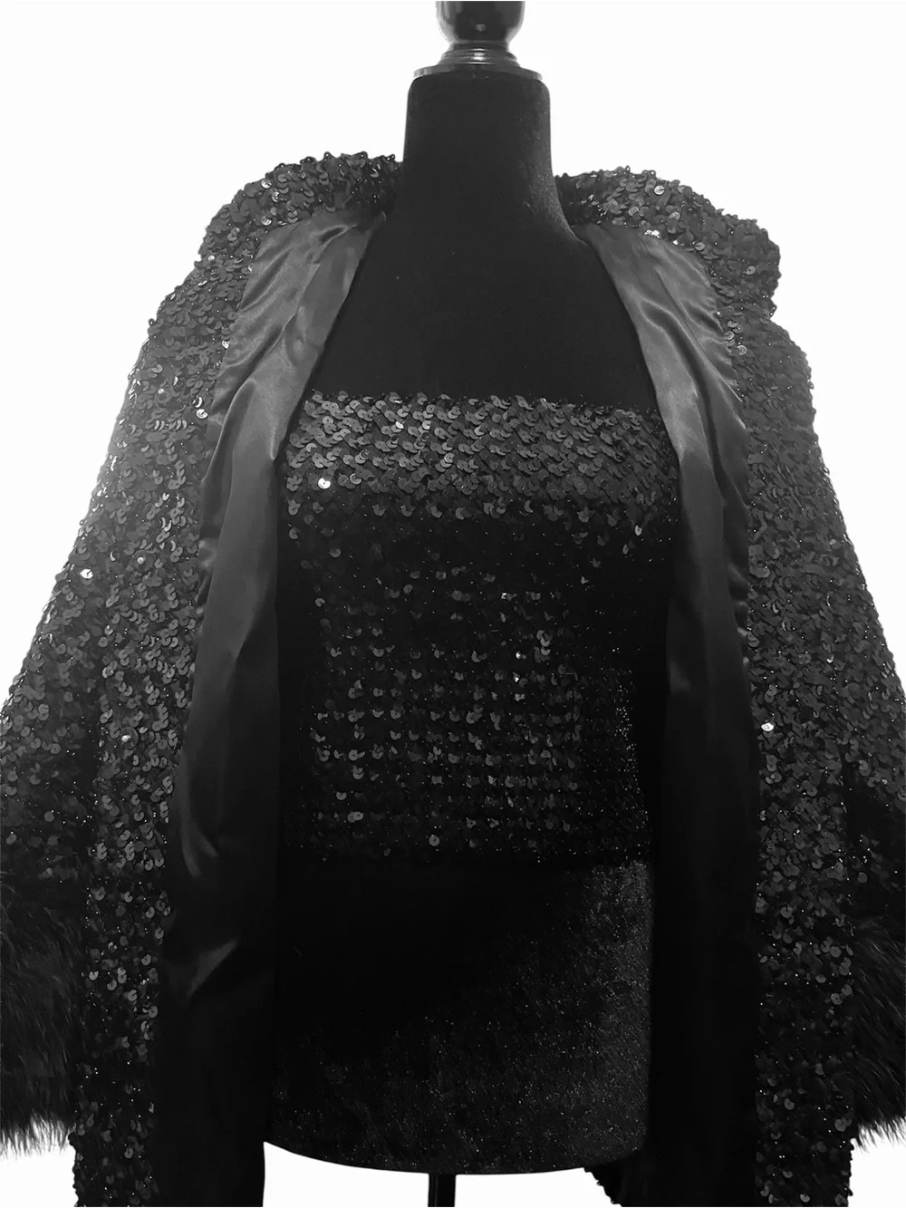 Vintage Sequin 2-Piece Evening Set with Marabou Cuffs